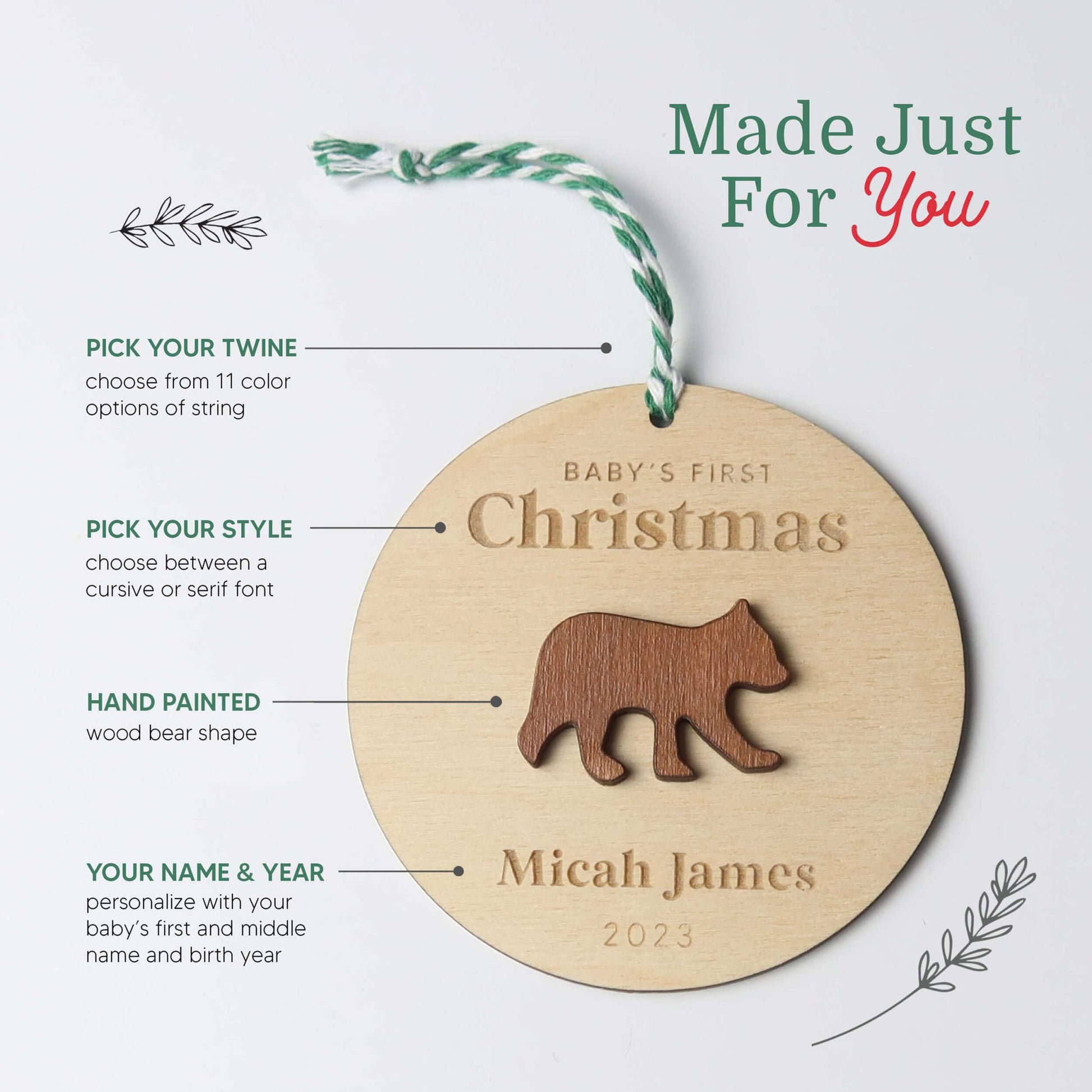 Bear Baby's First Christmas Ornament Personalized - Holiday Ornaments - Moon Rock Prints