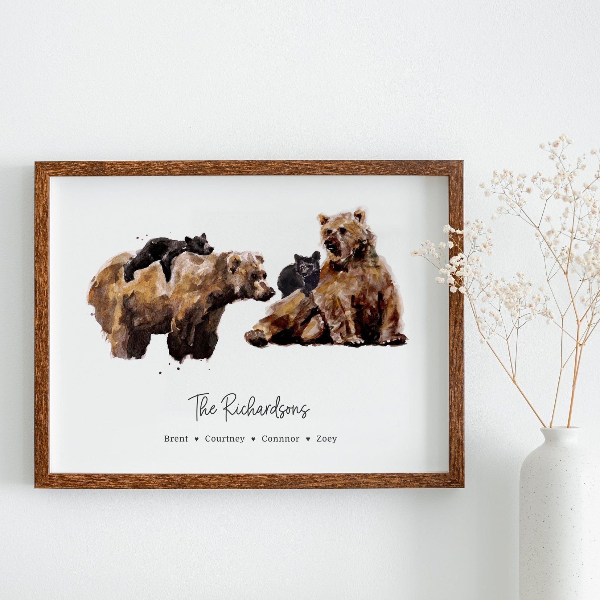 Bear Family Personalized Watercolor Art Print for Woodland Nursery by Moon Rock Prints