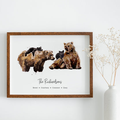 Bear Family Personalized Watercolor Art Print for Woodland Nursery by Moon Rock Prints