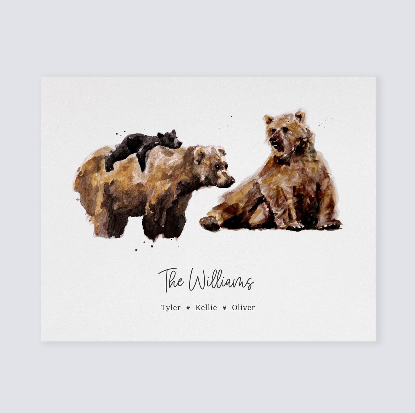 Bear Family Personalized Watercolor Art Print for Woodland Nursery by Moon Rock Prints