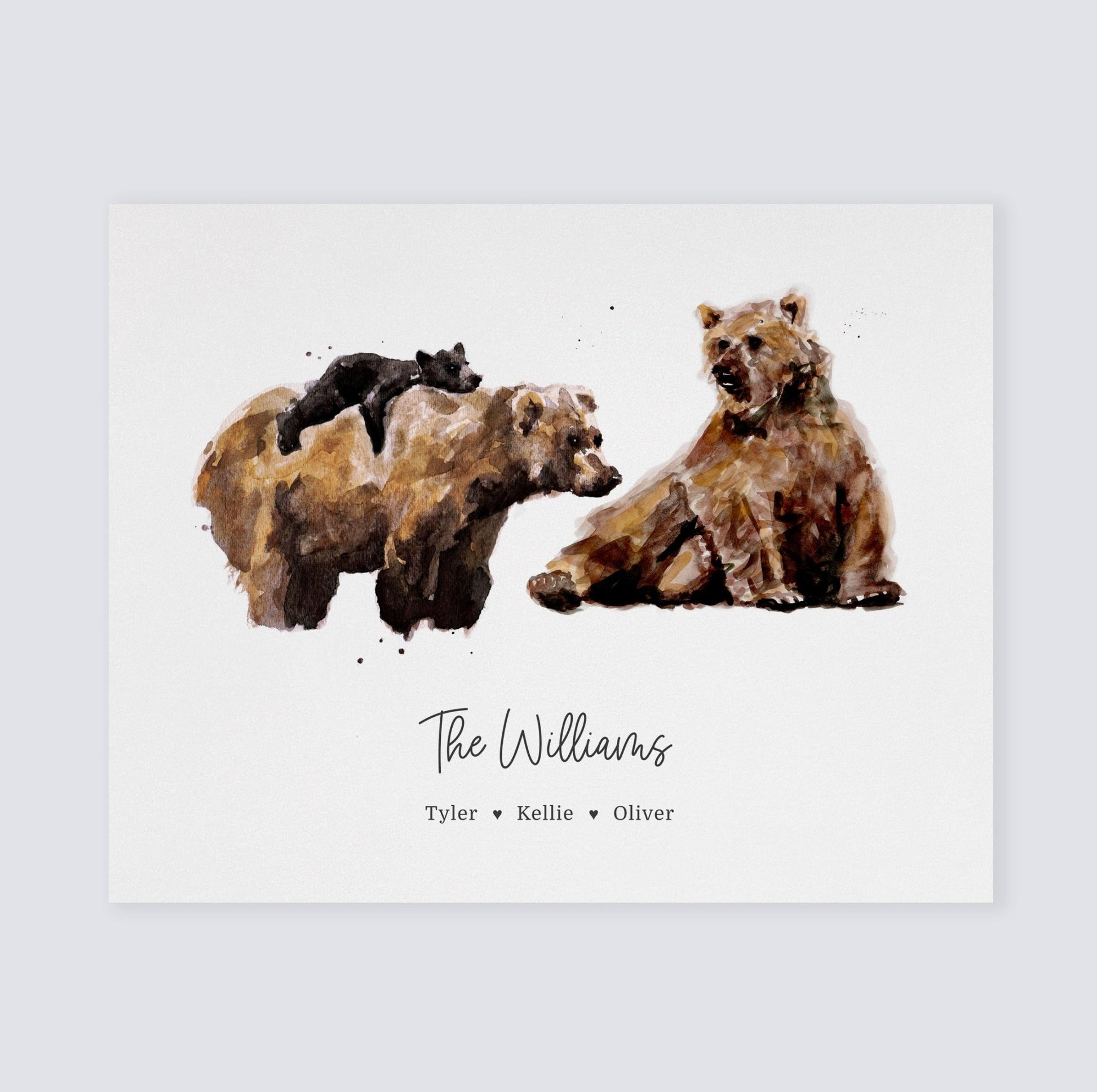 Bear Family Personalized Watercolor Art Print for Woodland Nursery by Moon Rock Prints