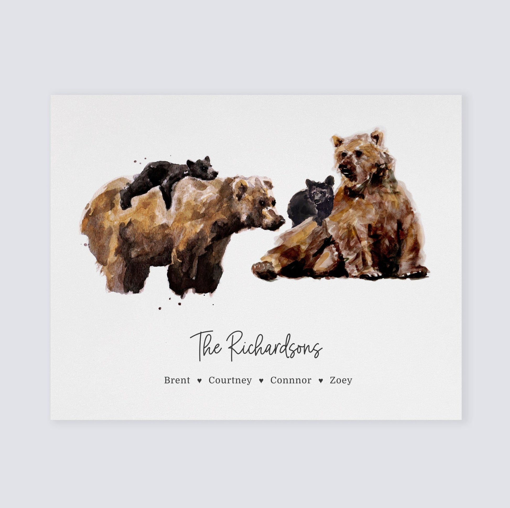 Bear Family Personalized Watercolor Art Print for Woodland Nursery by Moon Rock Prints