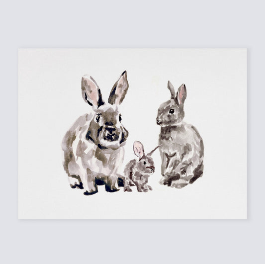 Bunny Family of 3 Woodland Animal Watercolor Art Print for Garden or Girl Woodland Nursery by Moon Rock Prints