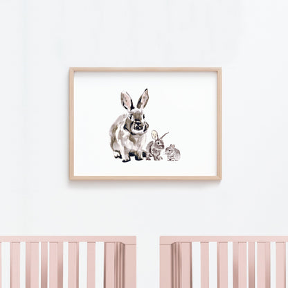 Bunny with Baby Bunnies Watercolor Print - Art Prints - Moon Rock Prints
