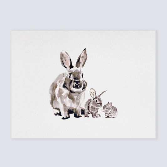 Bunny with Two Baby Bunnies Woodland Animal Watercolor Art Print for Twin Nursery by Moon Rock Prints