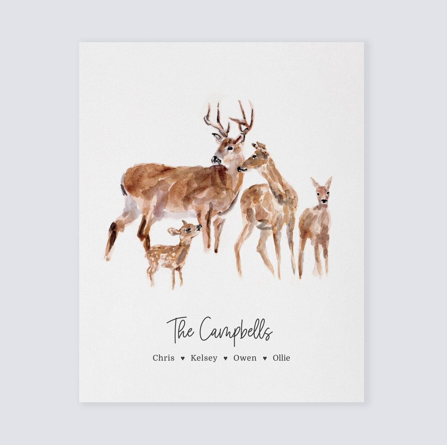 Deer Family Personalized Watercolor Art Print by Moon Rock Prints