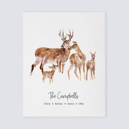 Deer Family Personalized Watercolor Art Print by Moon Rock Prints