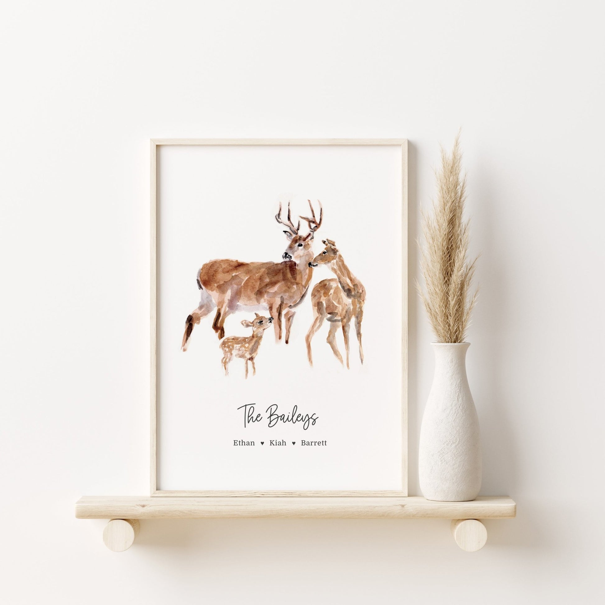 Deer Family Personalized Watercolor Art Print by Moon Rock Prints
