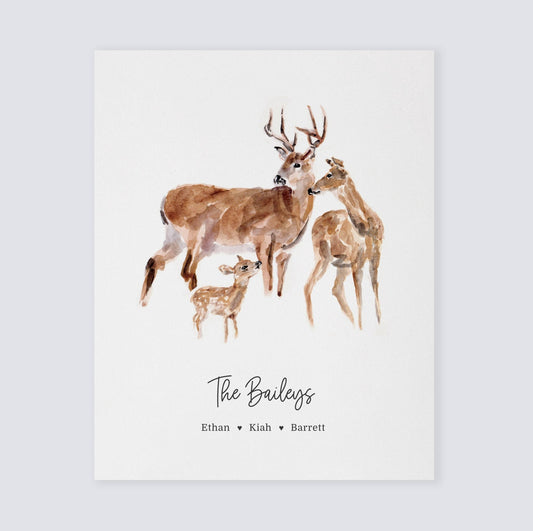 Deer Family Personalized Watercolor Art Print by Moon Rock Prints