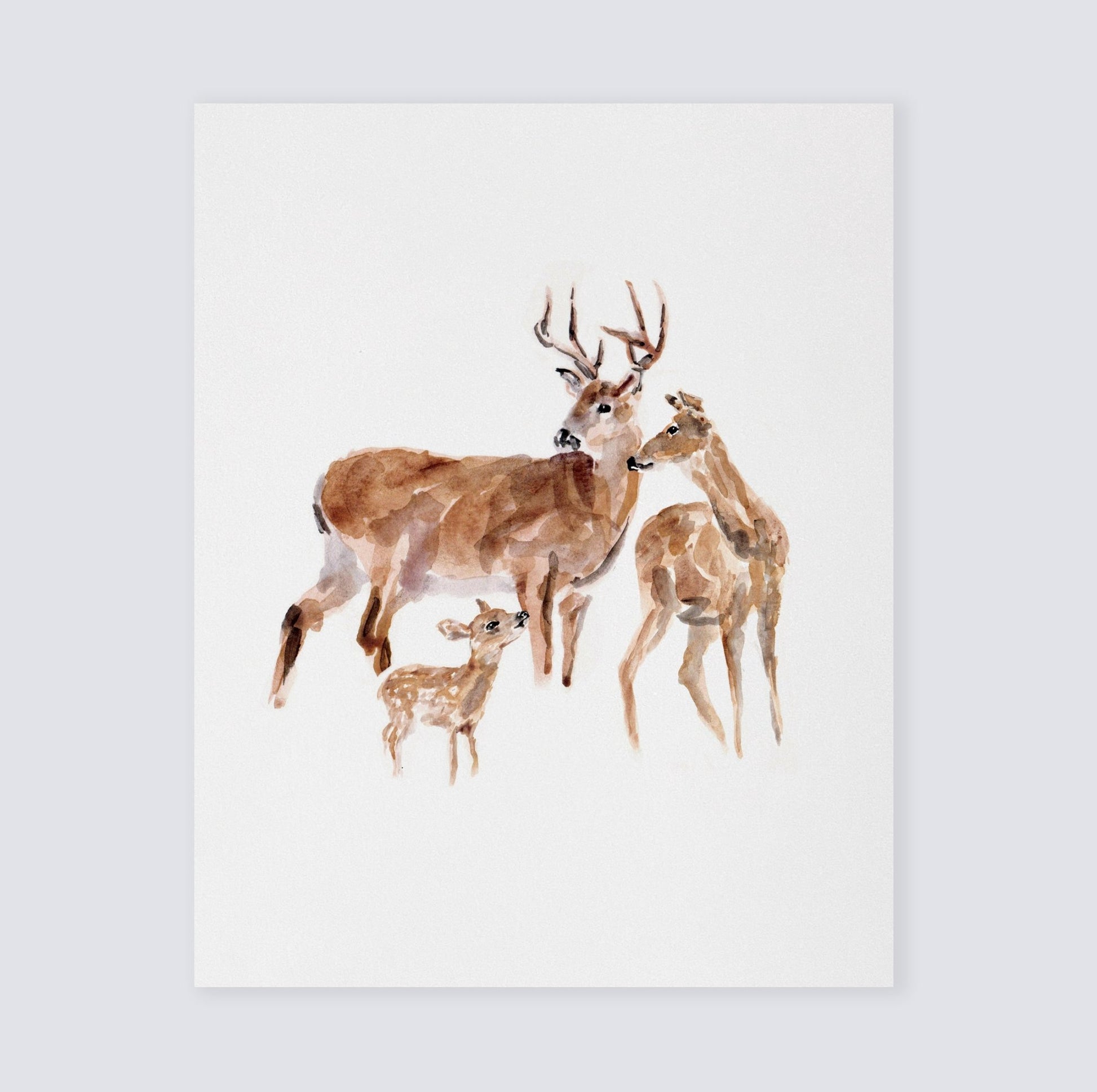 Deer Family of 3 Woodland Animal Watercolor Art Print for Woodlander Hunting Nursery by Moon Rock Prints