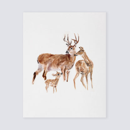 Deer Family of 3 Woodland Animal Watercolor Art Print for Woodlander Hunting Nursery by Moon Rock Prints