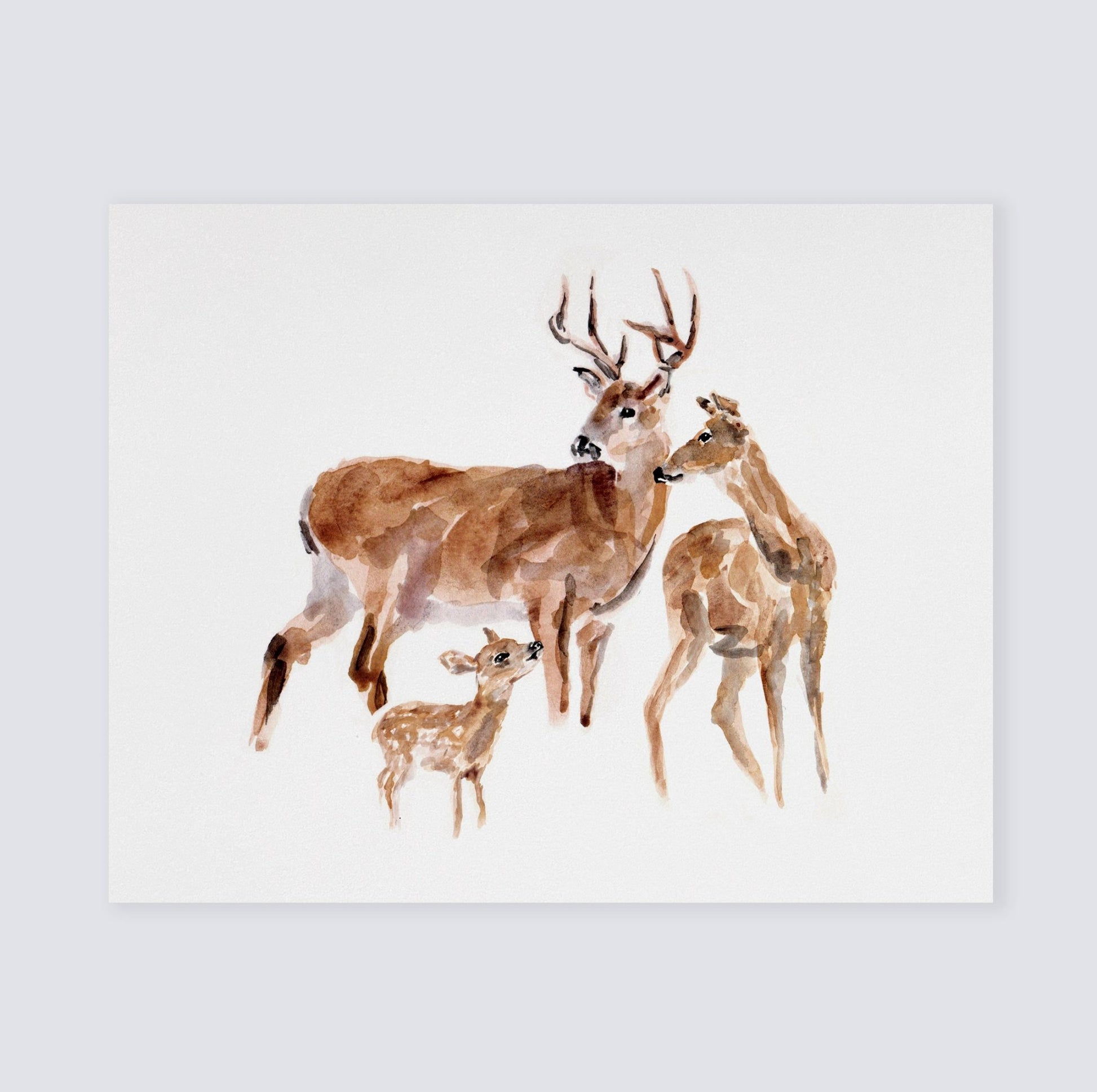 Deer Family of 3 Woodland Animal Watercolor Art Print for Woodlander Hunting Nursery by Moon Rock Prints
