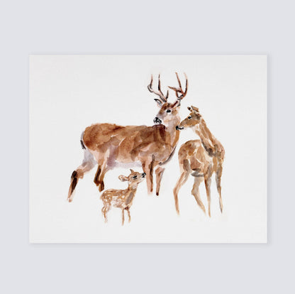 Deer Family of 3 Woodland Animal Watercolor Art Print for Woodlander Hunting Nursery by Moon Rock Prints