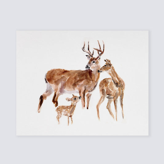 Deer Family of 3 Woodland Animal Watercolor Art Print for Woodlander Hunting Nursery by Moon Rock Prints