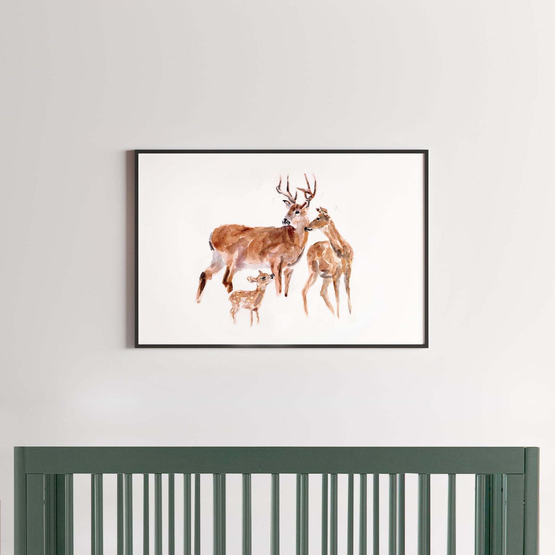 Deer Family of 3 Woodland Animal Watercolor Art Print for Woodlander Hunting Nursery by Moon Rock Prints