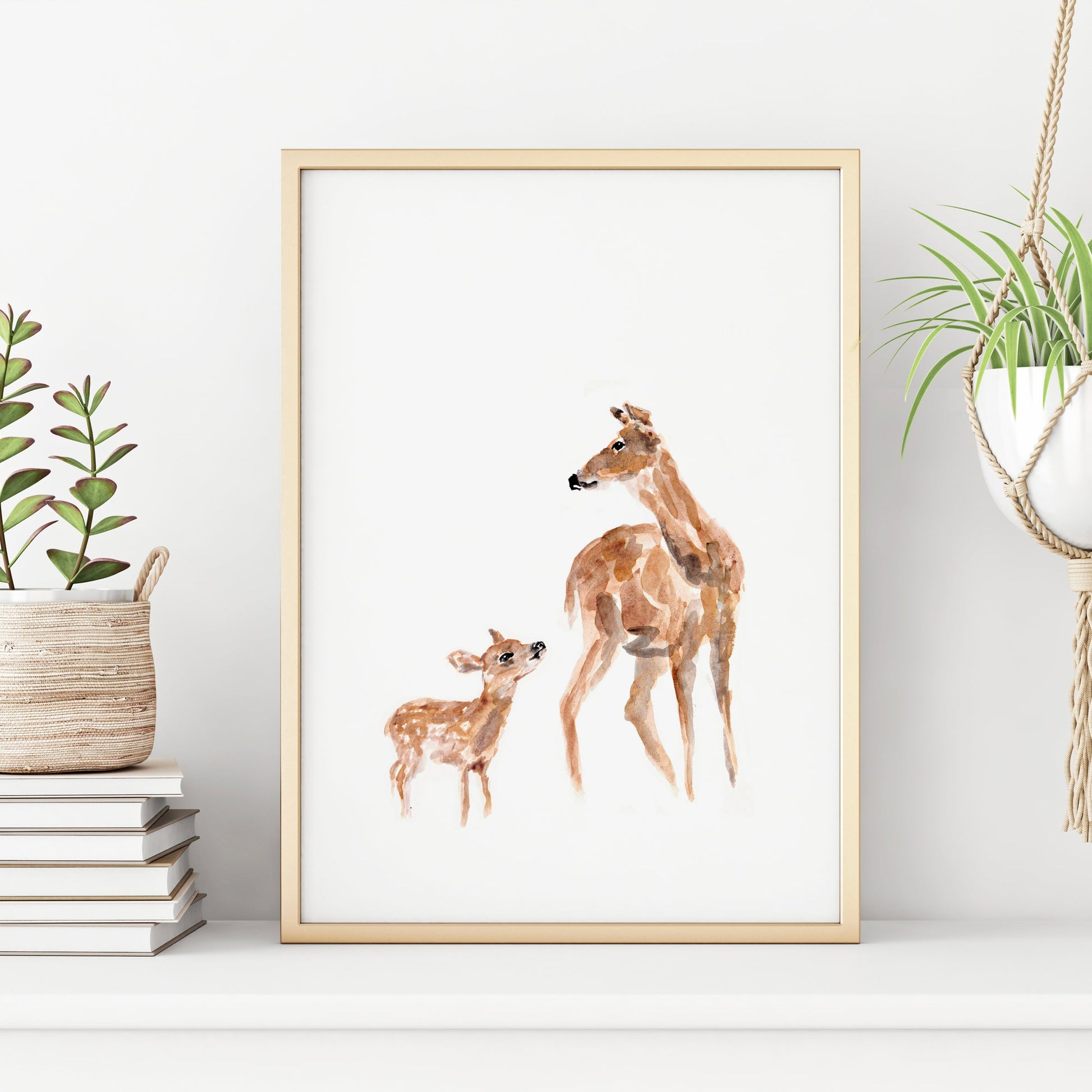 Doe & Fawn Woodland Animal Watercolor Art Print for Woodland Nursery by Moon Rock Prints