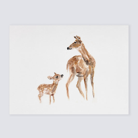 Doe & Fawn Woodland Animal Watercolor Art Print for Woodland Nursery by Moon Rock Prints