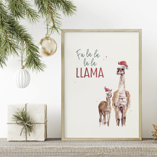 Fa La La La Llama Christmas Watercolor Print - Art Prints - Moon Rock Prints