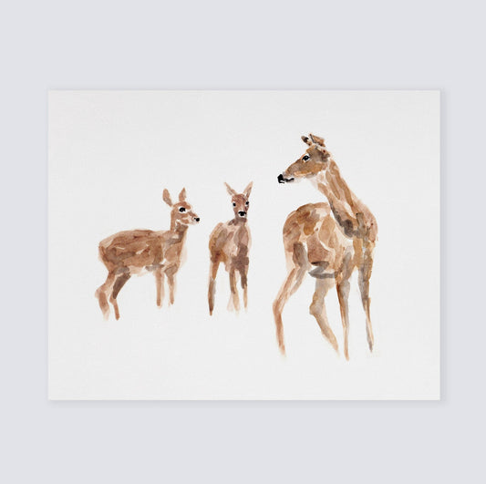 Deer & Two Cubs Woodland Animal Watercolor Art Print for Twin Nursery by Moon Rock Prints