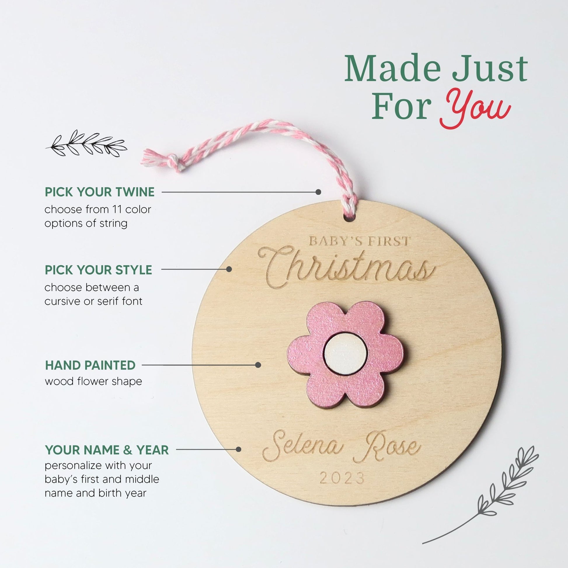 Flower Baby's First Christmas Ornament Personalized - Holiday Ornaments - Moon Rock Prints