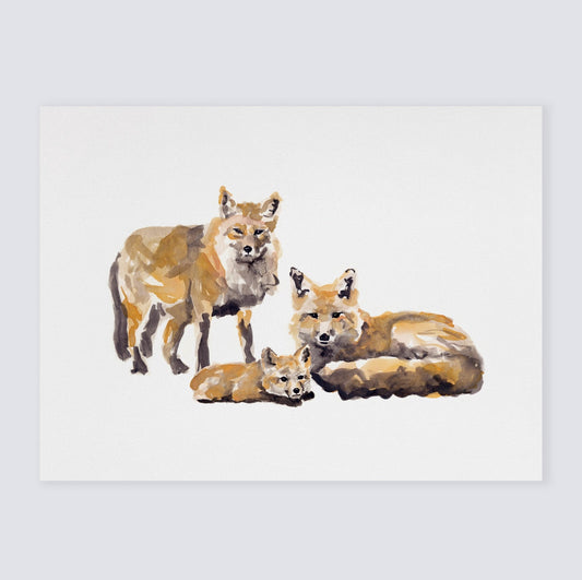Fox Family of 3 Woodland Animal Watercolor Art Print for Woodland Nursery by Moon Rock Prints