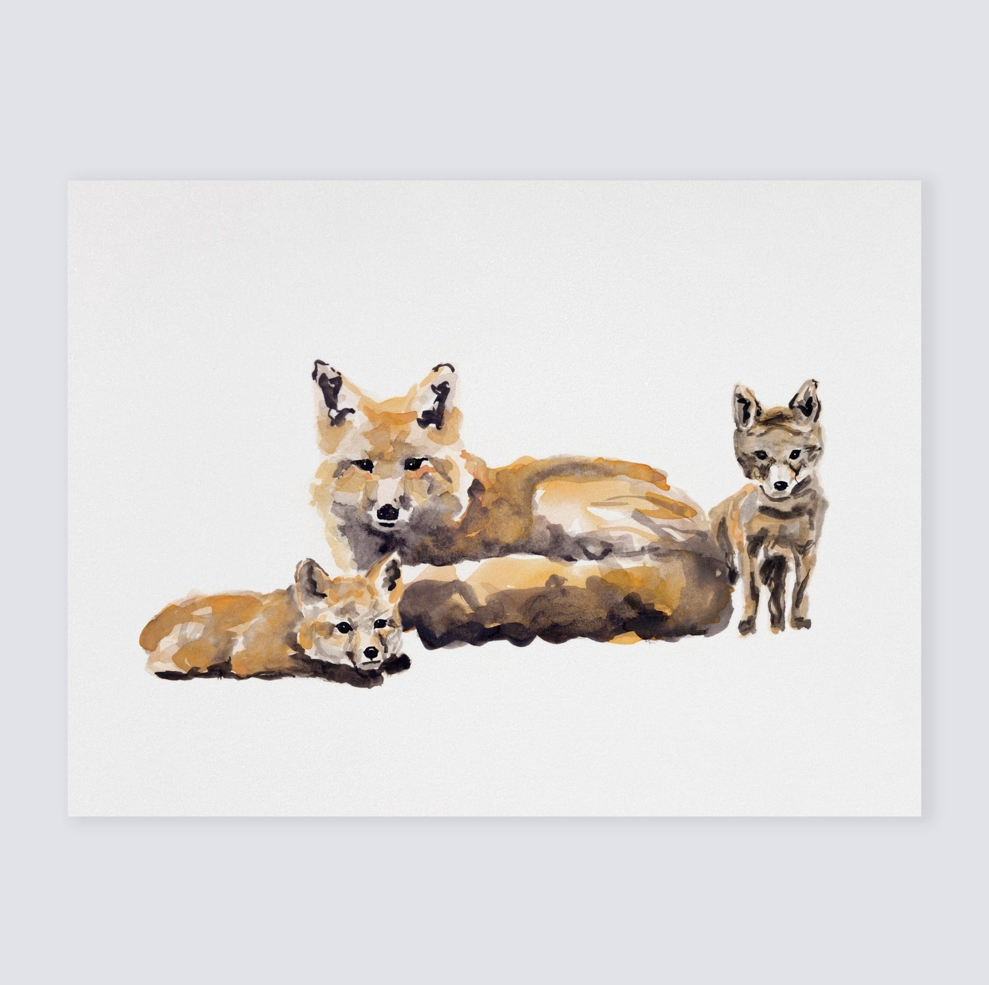 Fox with Two Fox Pups Woodland Animal Watercolor Art Print for Woodland or Twin Nursery by Moon Rock Prints