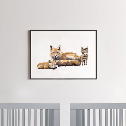 Fox with Fox Pups Watercolor Print for Woodland Nursery