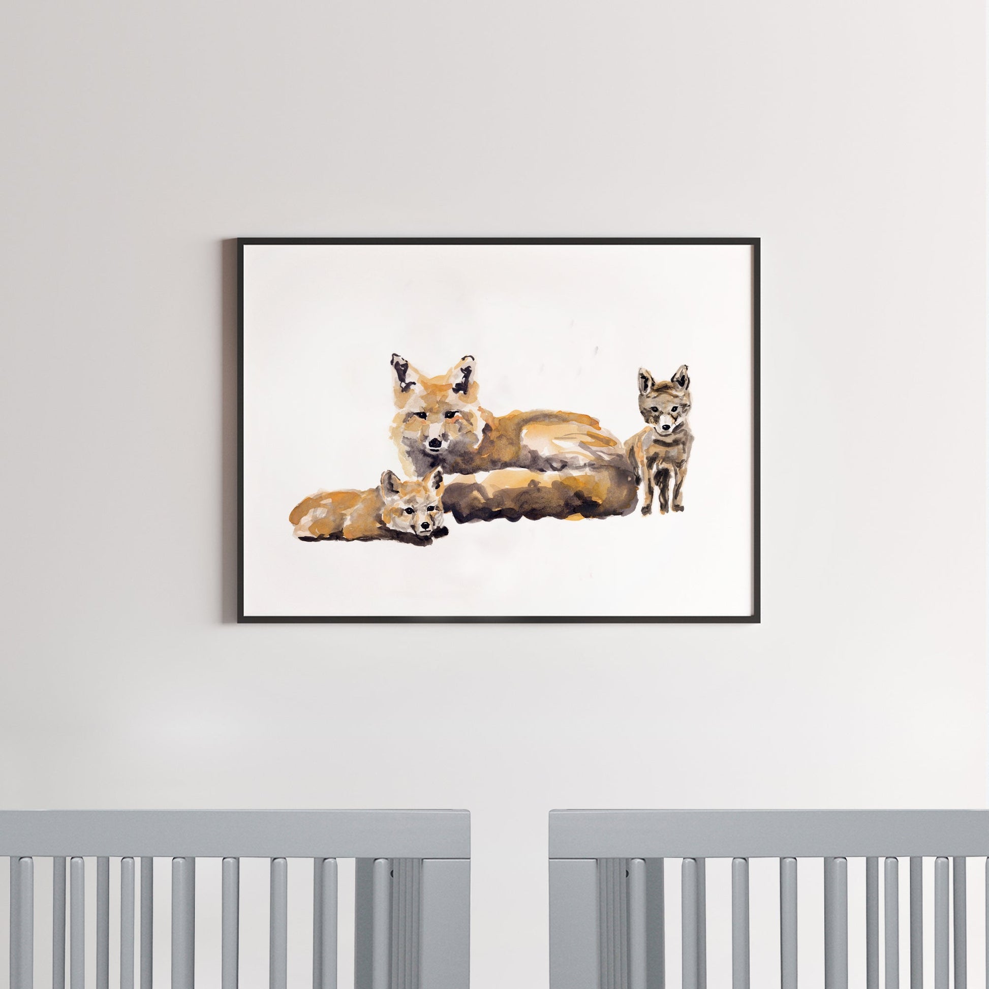 Fox with Two Fox Pups Woodland Animal Watercolor Art Print for Woodland or Twin Nursery by Moon Rock Prints