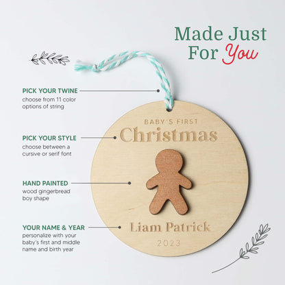Gingerbread Boy Baby's First Christmas Ornament Personalized - Holiday Ornaments - Moon Rock Prints