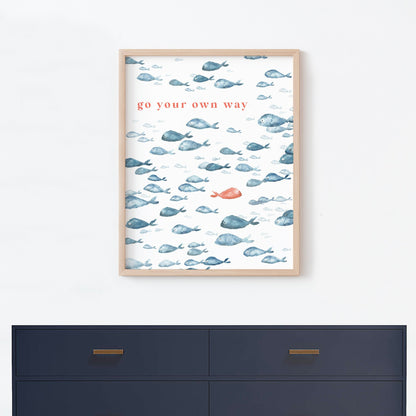 Go Your Own Way Watercolor Fish Print, Art for Kids Room