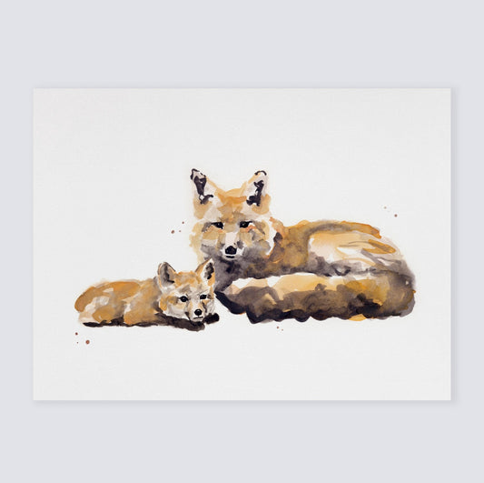 Fox and Baby Fox Woodland Animal Watercolor Art Print for Woodland Nursery by Moon Rock Prints