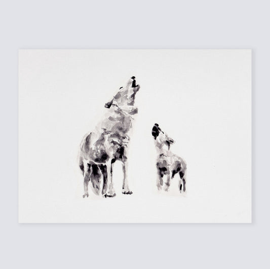 Wolf and Baby Wolf Woodland Animal Watercolor Art Print for Boho Nursery by Moon Rock Prints
