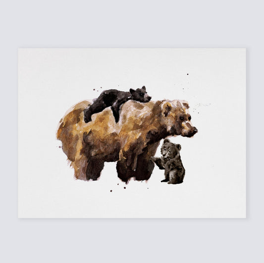 Mama Bear & Two Cubs Woodland Animal Watercolor Art Print for Woodland Nursery by Moon Rock Prints