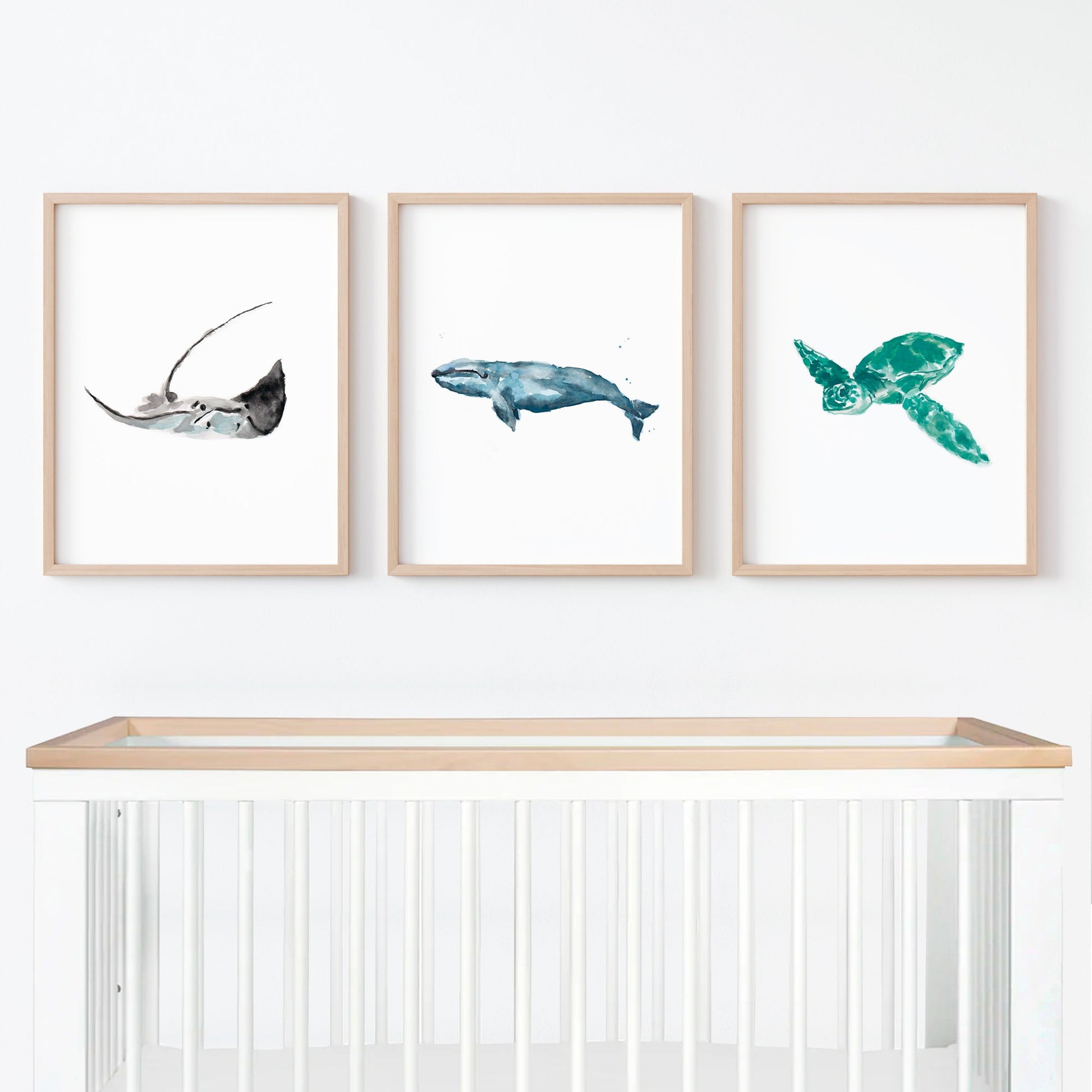 Ocean Animals Watercolor Prints Set of 3 Whale, Turtle and Stingray - Art Prints - Moon Rock Prints
