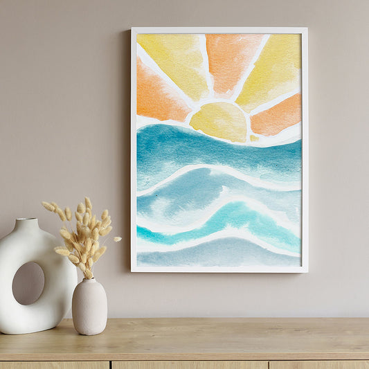 Ocean Sunset Watercolor Print Wall Art Above Entry Table in Beach House