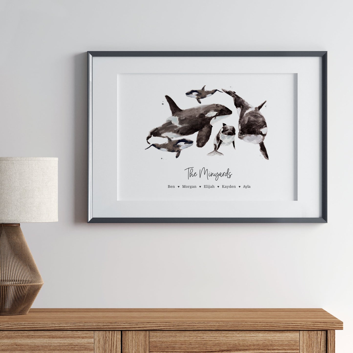 Orca Family Personalized Print that is a unique Art for Entryway