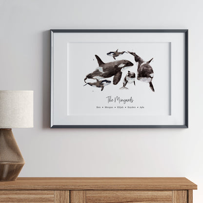 Orca Family Personalized Print that is a unique Art for Entryway