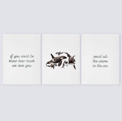 Orcas: Count All The Waves 3 Print Set - Ocean Nursery Art - Moon Rock Prints