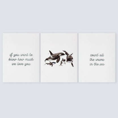 Orcas: Count All The Waves 3 Print Set - Ocean Nursery Art - Moon Rock Prints