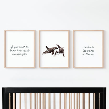 Orcas: Count All The Waves 3 Print Set - Ocean Nursery Art - Prints Above Crib - Moon Rock Prints