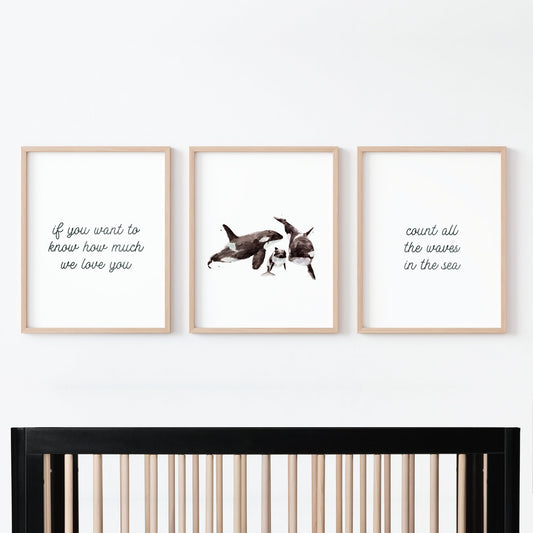 Orcas: Count All The Waves 3 Print Set - Ocean Nursery Art - Prints Above Crib - Moon Rock Prints