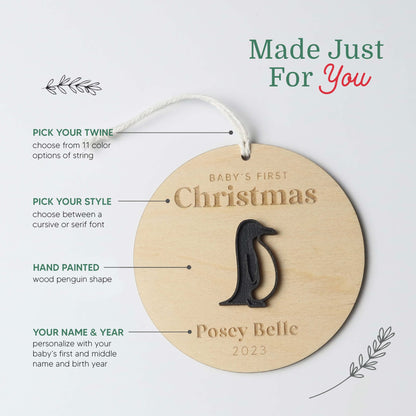 Penguin Baby's First Christmas Ornament Personalized - Holiday Ornaments - Moon Rock Prints