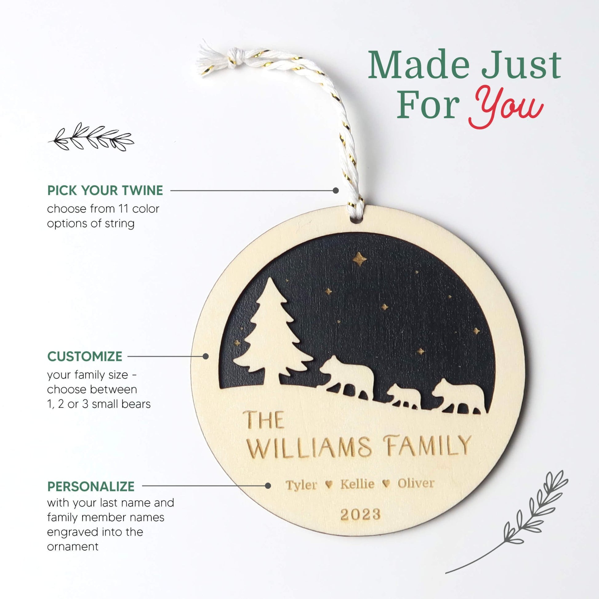 Personalized Bear Family Christmas Ornament - Holiday Ornaments - Moon Rock Prints