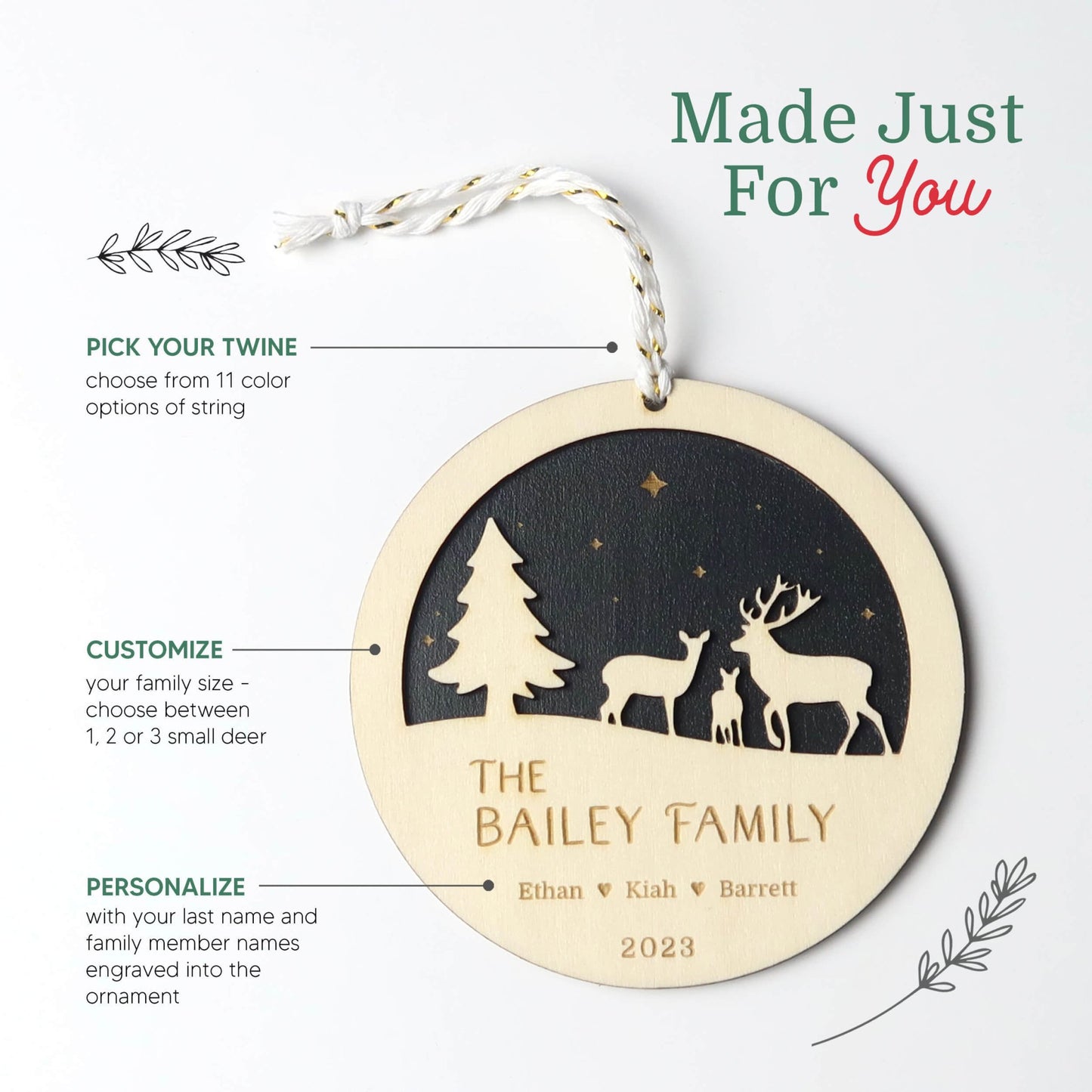 Personalized Deer Family Christmas Ornament - Holiday Ornaments - Moon Rock Prints