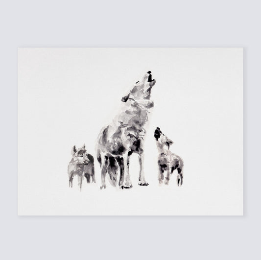 Wolf & Two Pups Woodland Animal Watercolor Art Print for Twin Nursery by Moon Rock Prints