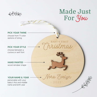 Reindeer Baby's First Christmas Ornament Personalized - Holiday Ornaments - Moon Rock Prints