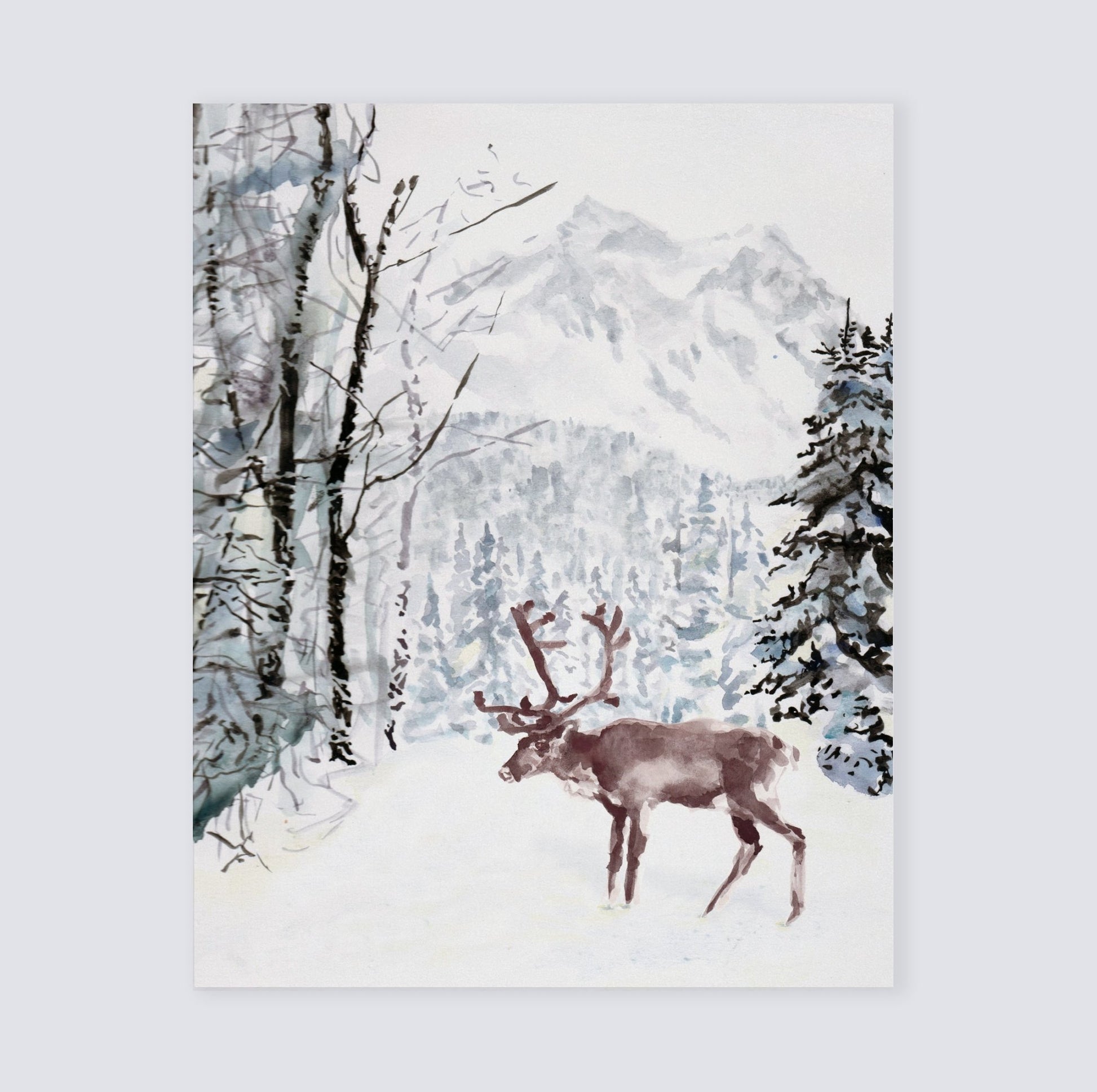 Reindeer in the Snow Watercolor Art Print