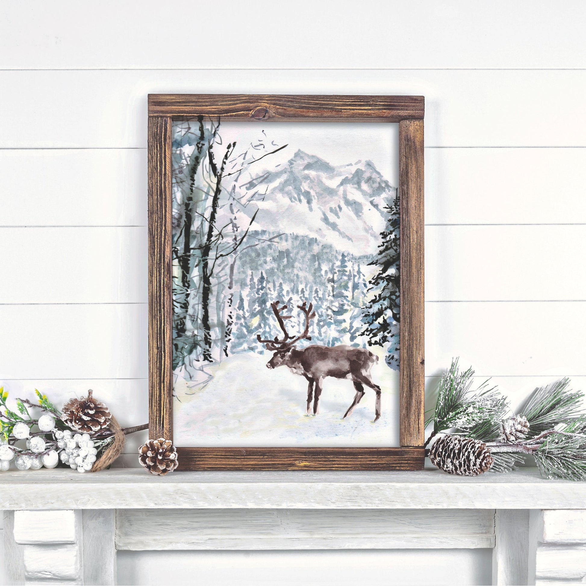 Reindeer in the Snow Watercolor Art Print