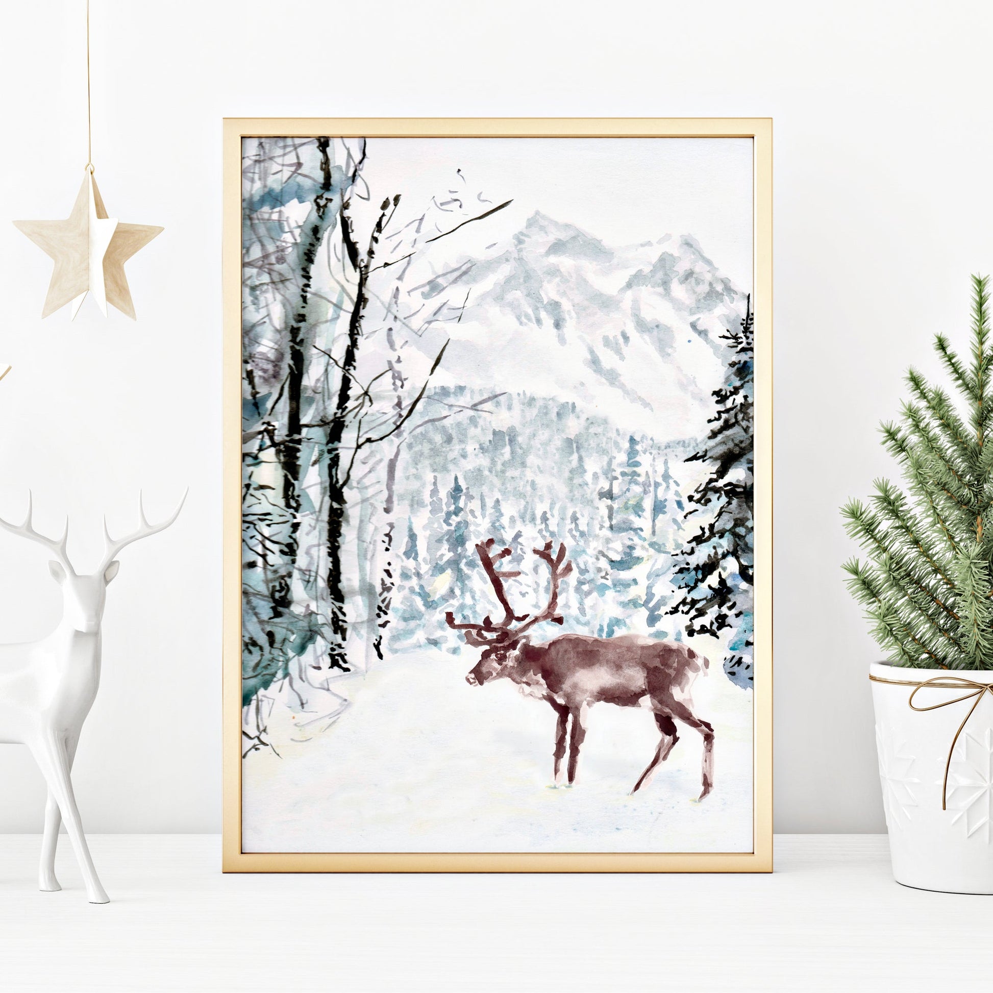 Reindeer in the Snow Watercolor Art Print