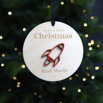Rocket Ship Baby's First Christmas Ornament Personalized - Holiday Ornaments - Moon Rock Prints